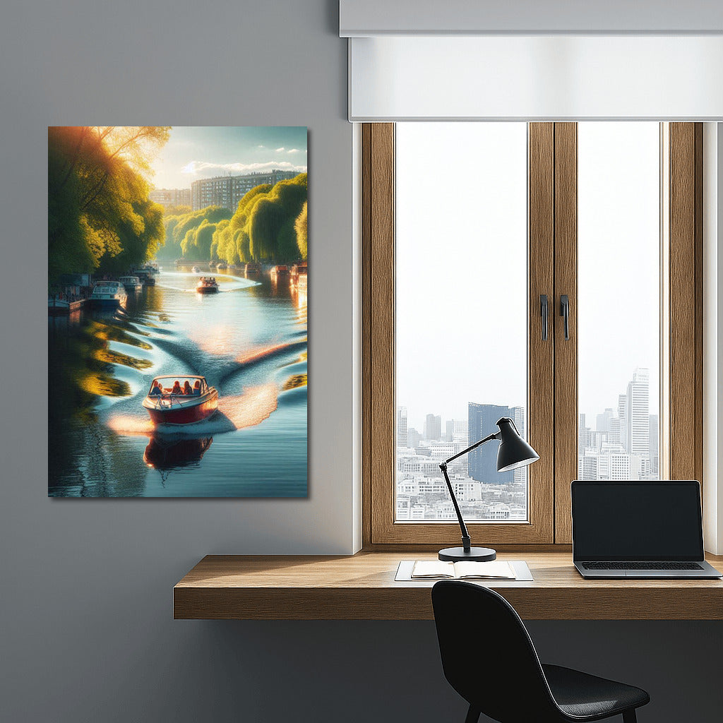 Sunset Symphony: Motorboats on the River