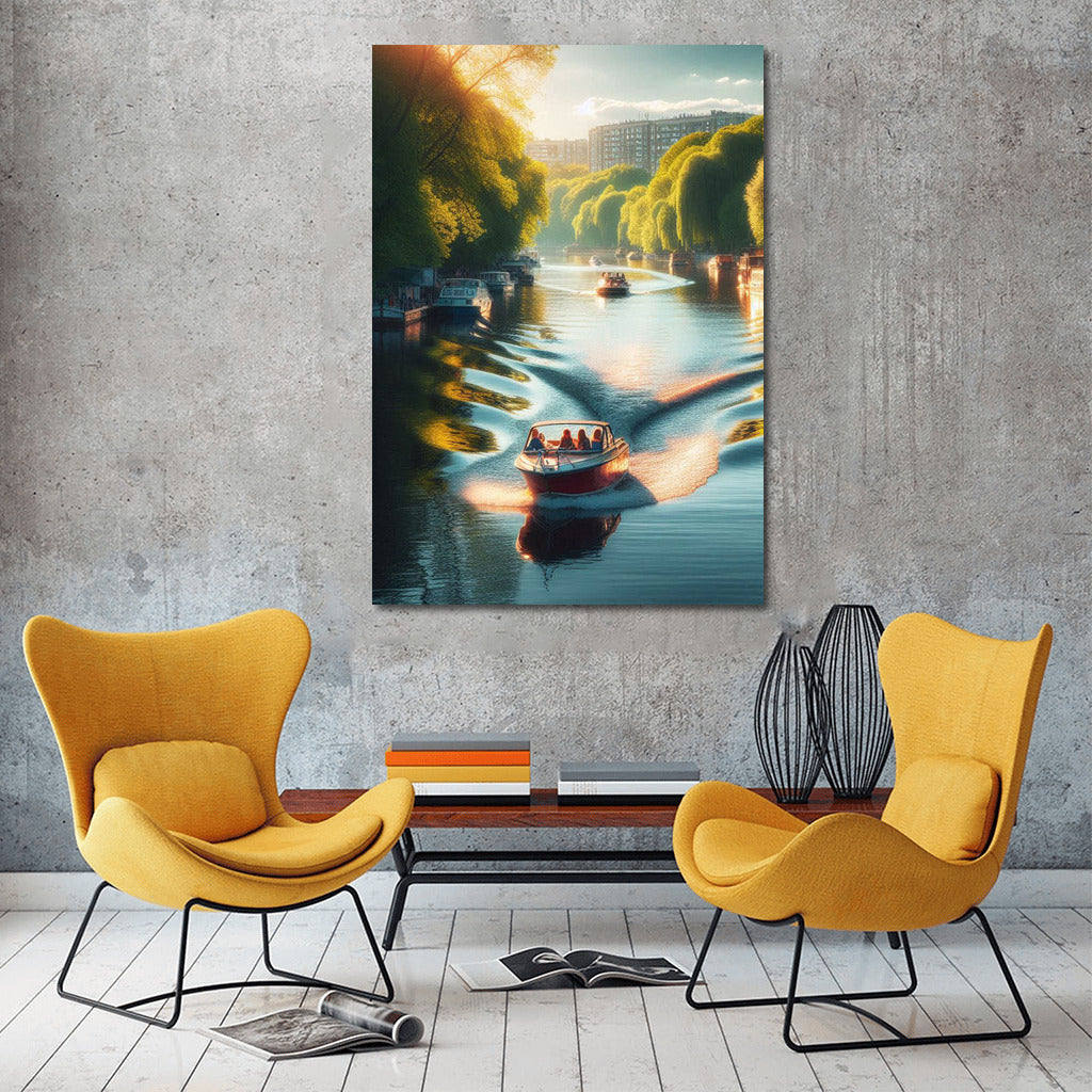 Sunset Symphony: Motorboats on the River