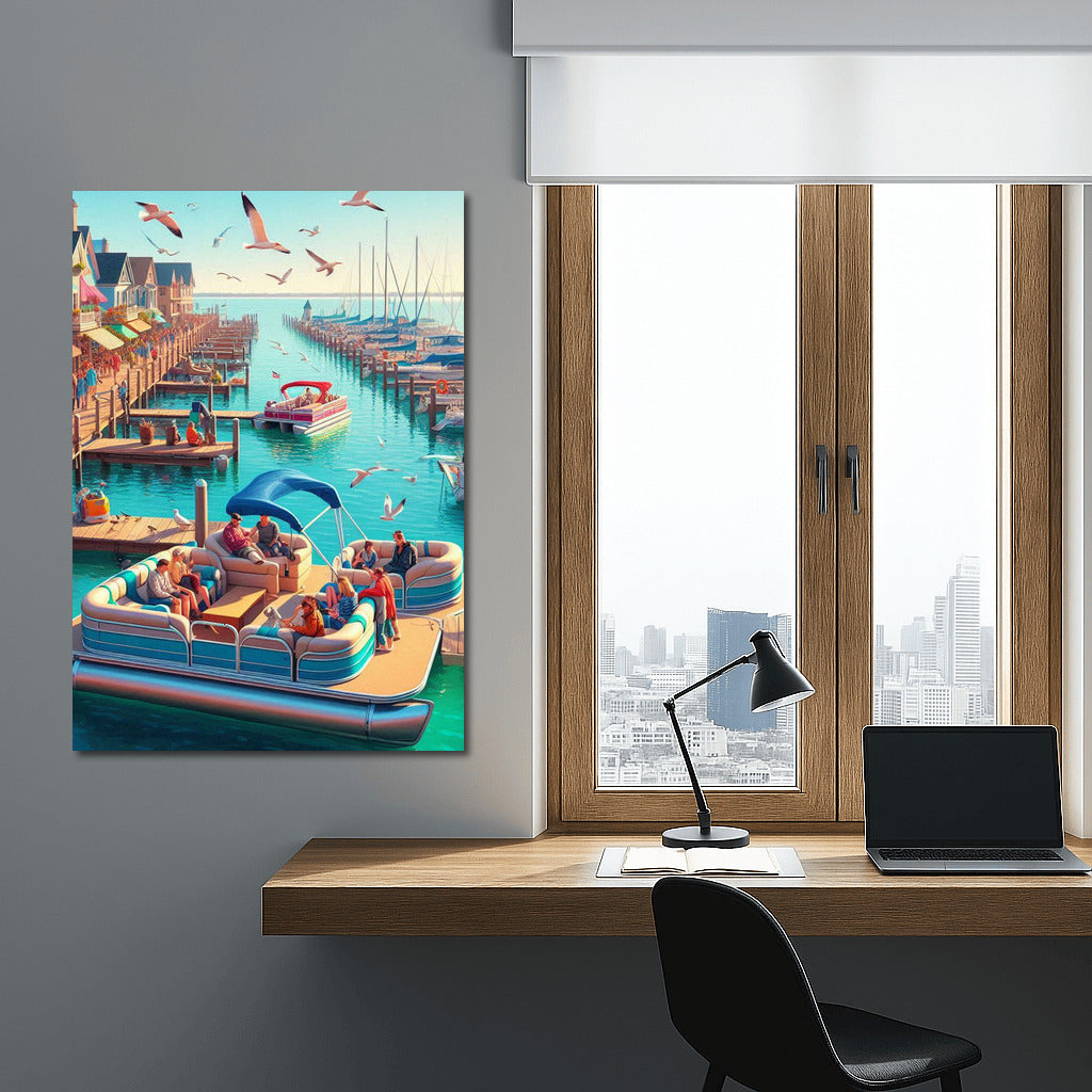 Sunny Pontoon: Idyll on the River with Seagulls