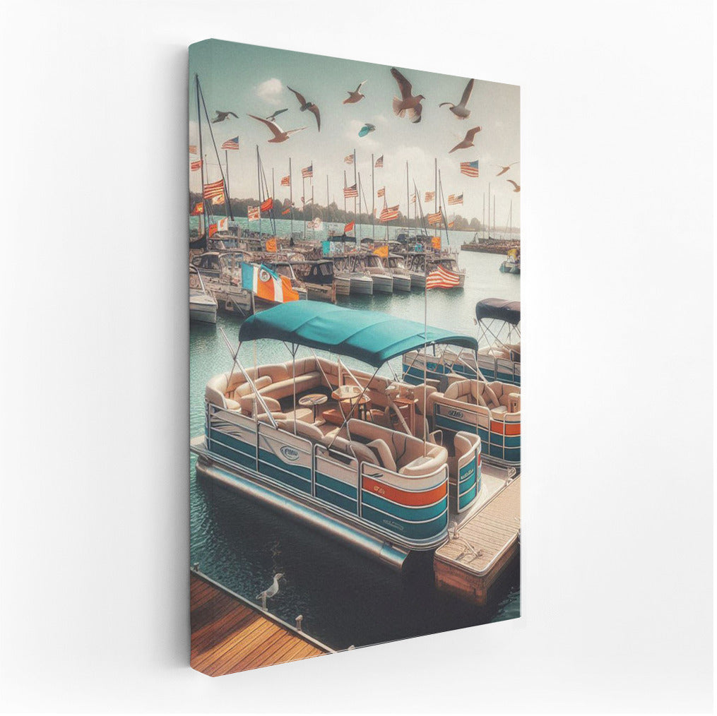 Pontoon Boats in the Quiet Harbor with Soaring Birds