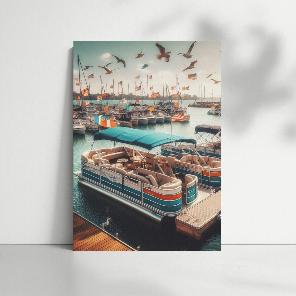 Pontoon Boats in the Quiet Harbor with Soaring Birds