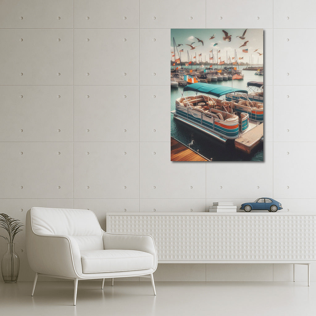 Pontoon Boats in the Quiet Harbor with Soaring Birds