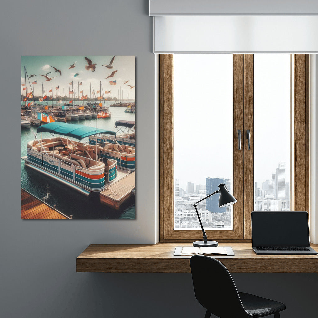 Pontoon Boats in the Quiet Harbor with Soaring Birds