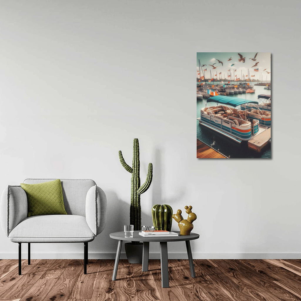 Pontoon Boats in the Quiet Harbor with Soaring Birds