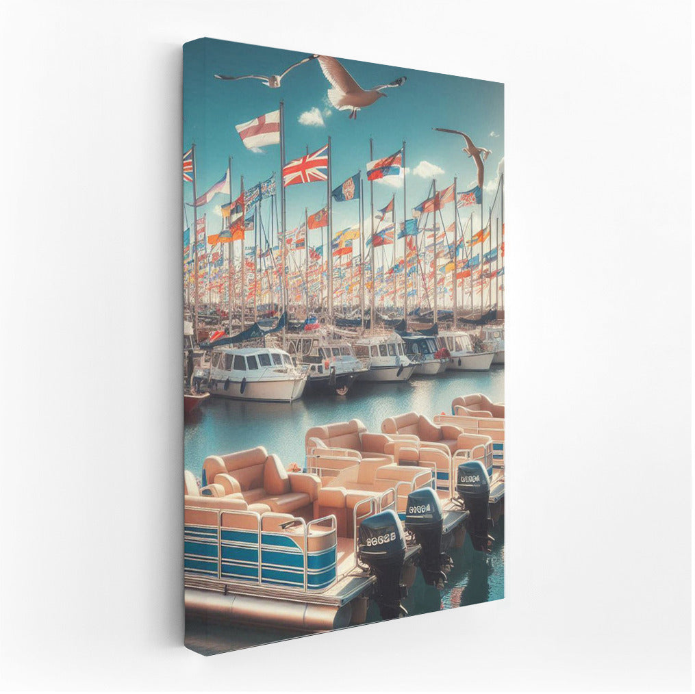 Pontoon Boats in the Harbor: Seascape with Seagulls and Waving Flags
