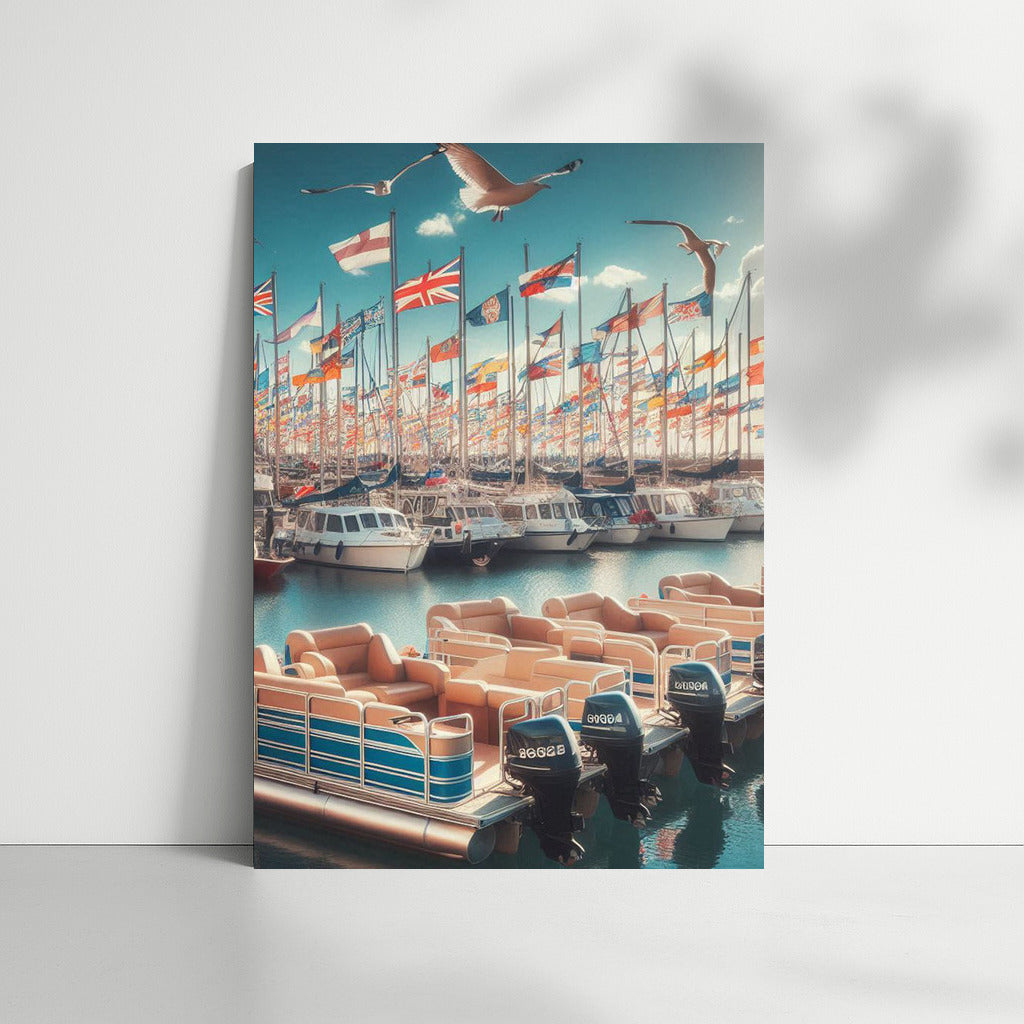 Pontoon Boats in the Harbor: Seascape with Seagulls and Waving Flags