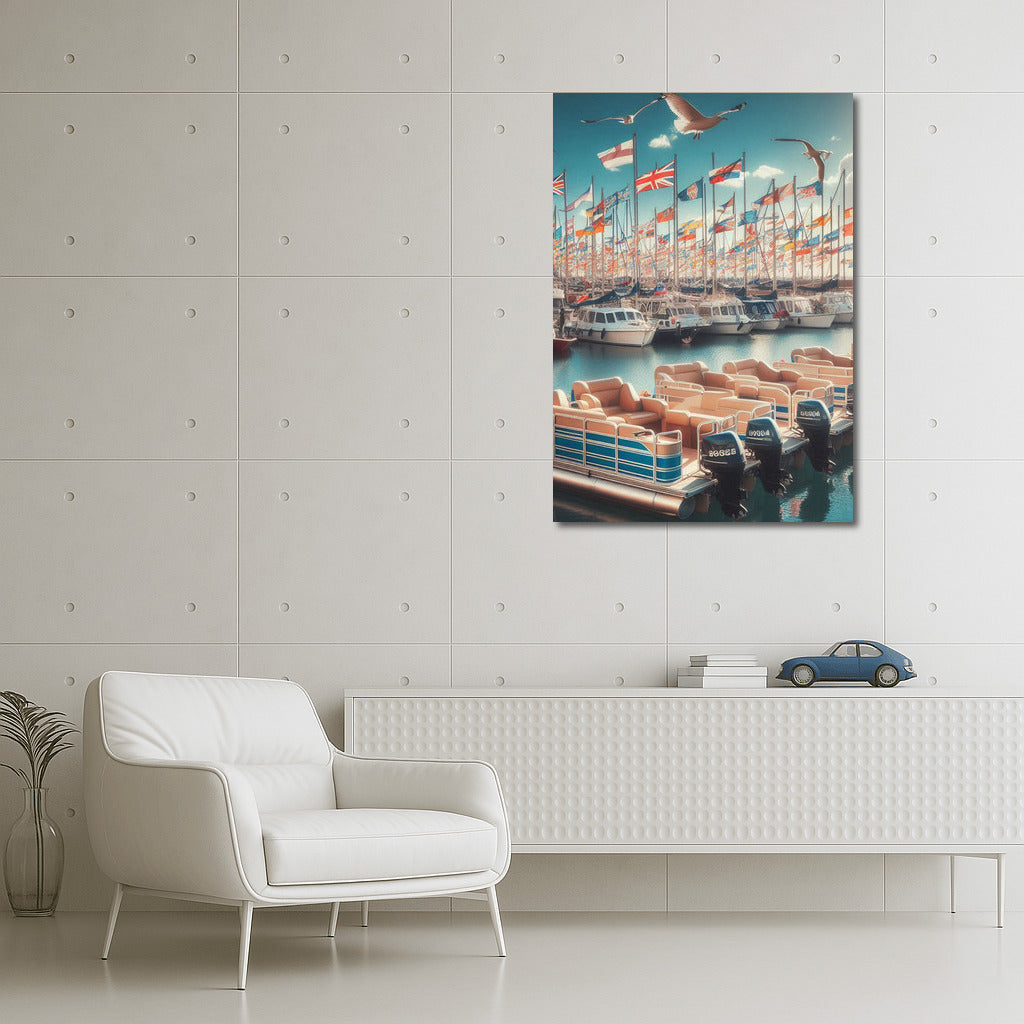 Pontoon Boats in the Harbor: Seascape with Seagulls and Waving Flags