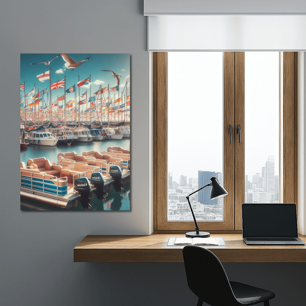 Pontoon Boats in the Harbor: Seascape with Seagulls and Waving Flags