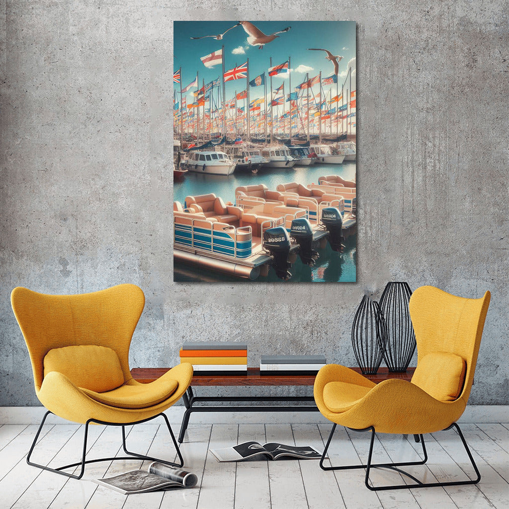 Pontoon Boats in the Harbor: Seascape with Seagulls and Waving Flags