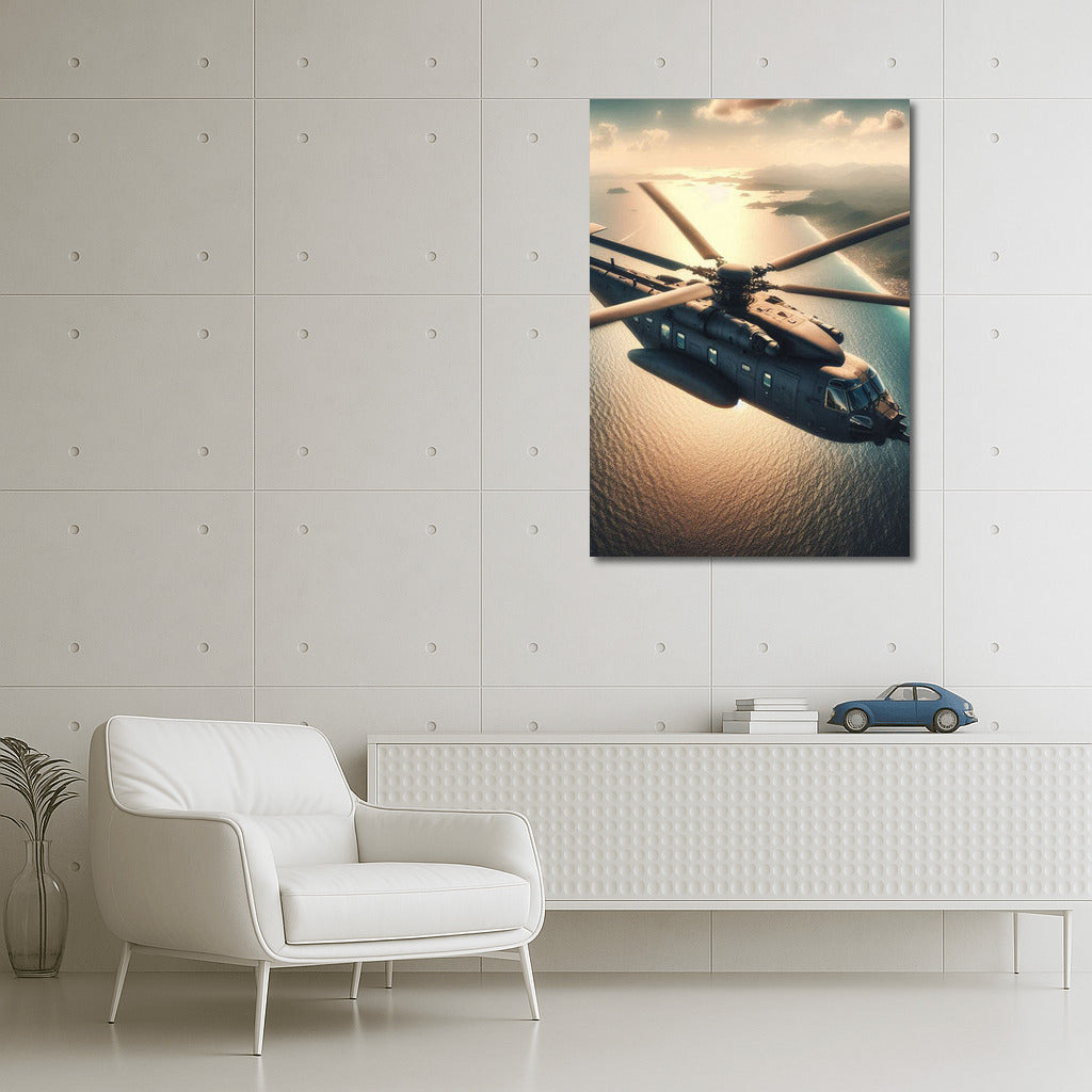 Sunset Flight: Reconnaissance Helicopter Over the Ocean