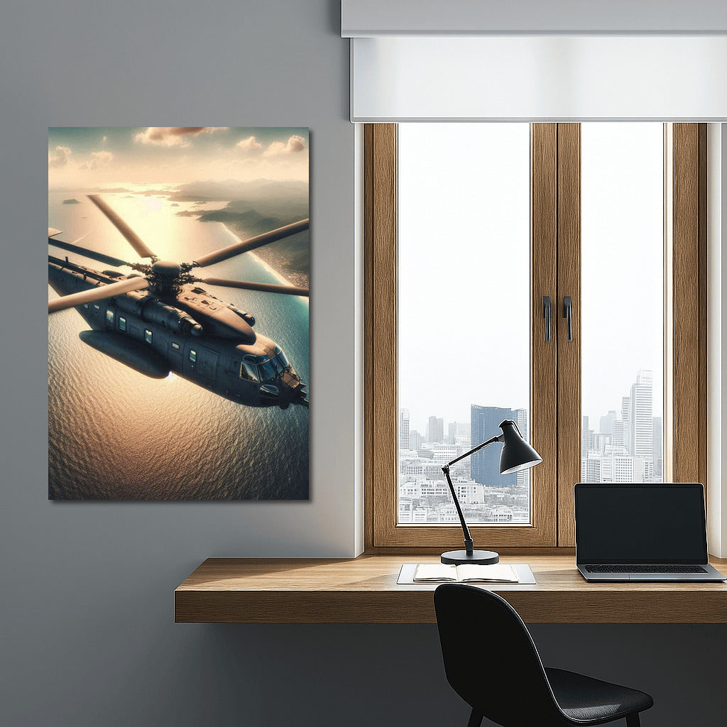 Sunset Flight: Reconnaissance Helicopter Over the Ocean