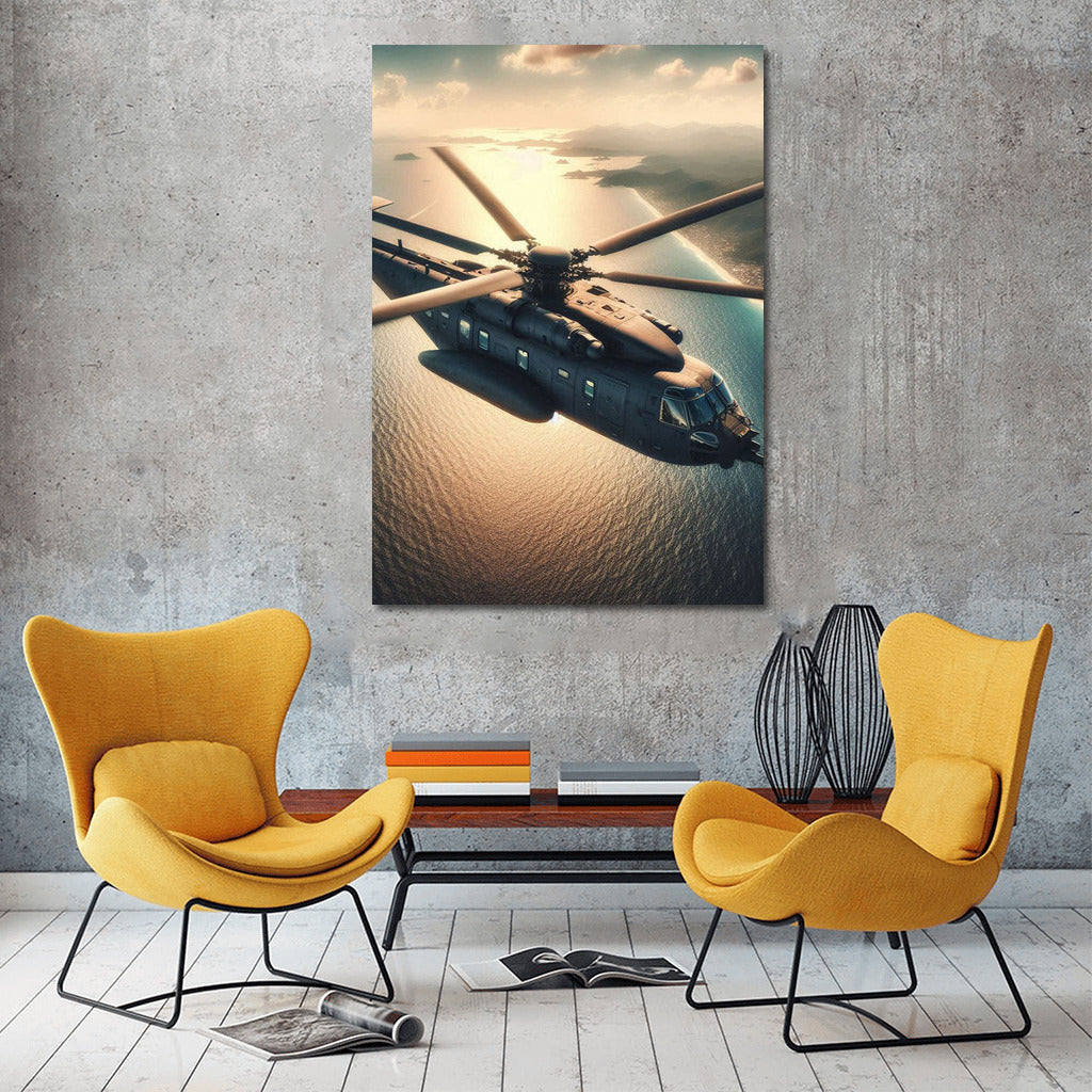 Sunset Flight: Reconnaissance Helicopter Over the Ocean