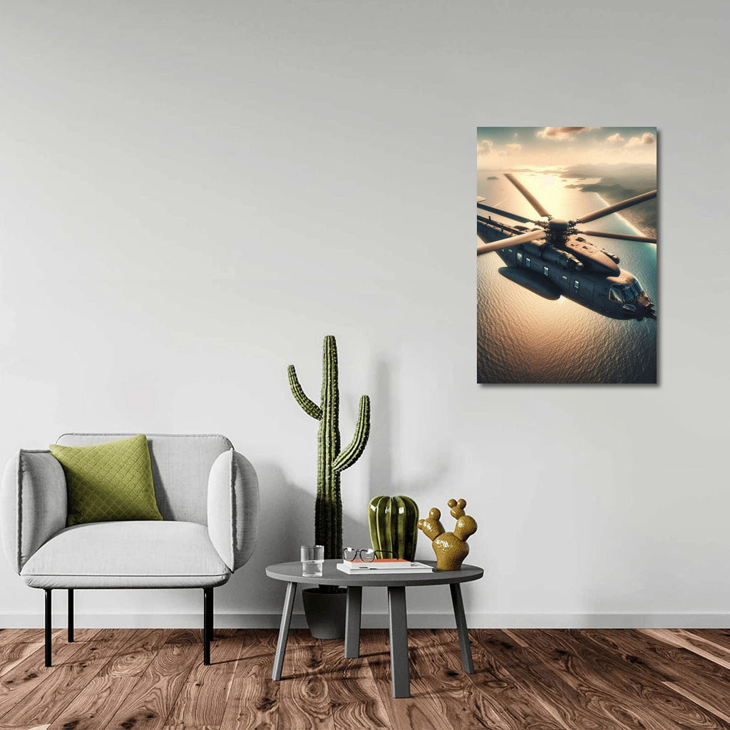 Sunset Flight: Reconnaissance Helicopter Over the Ocean