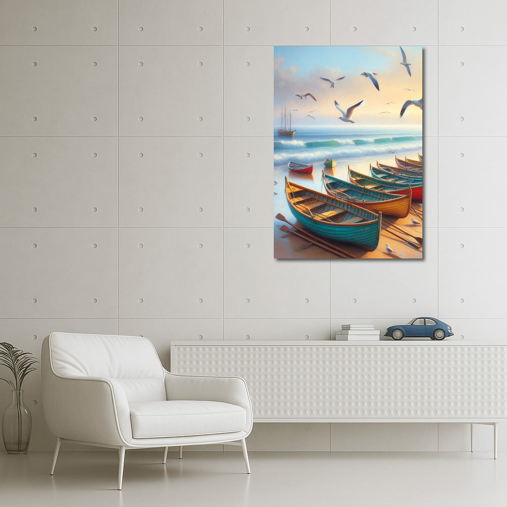 Bright Boats and Flight of Seagulls by the Sea: Rowboats Sea 2