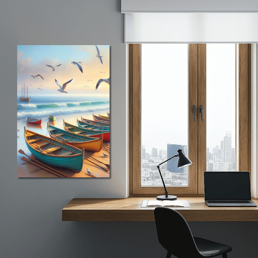 Bright Boats and Flight of Seagulls by the Sea: Rowboats Sea 2