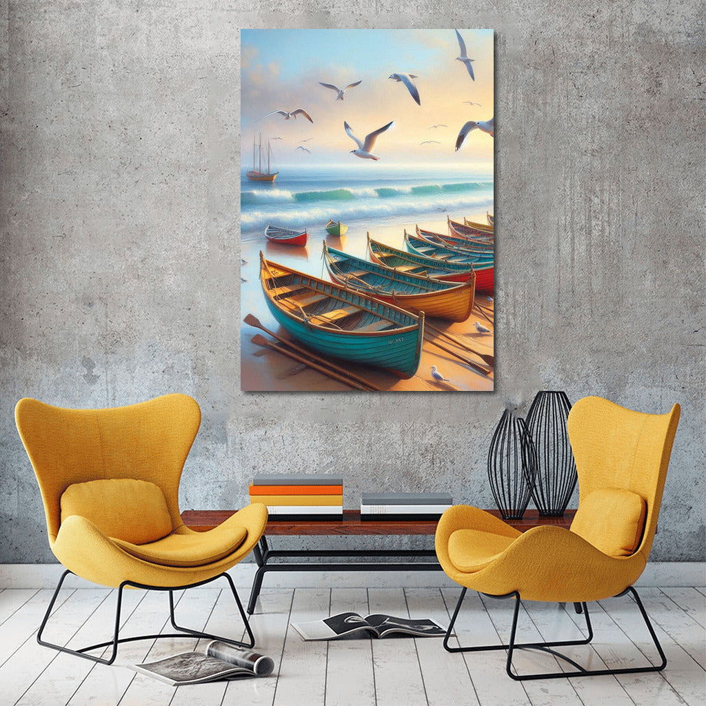 Bright Boats and Flight of Seagulls by the Sea: Rowboats Sea 2