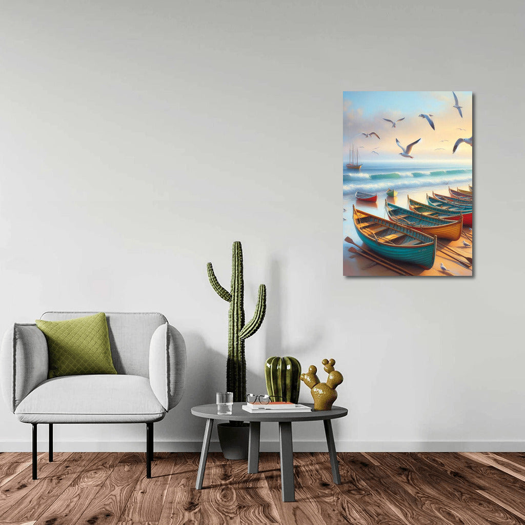 Bright Boats and Flight of Seagulls by the Sea: Rowboats Sea 2