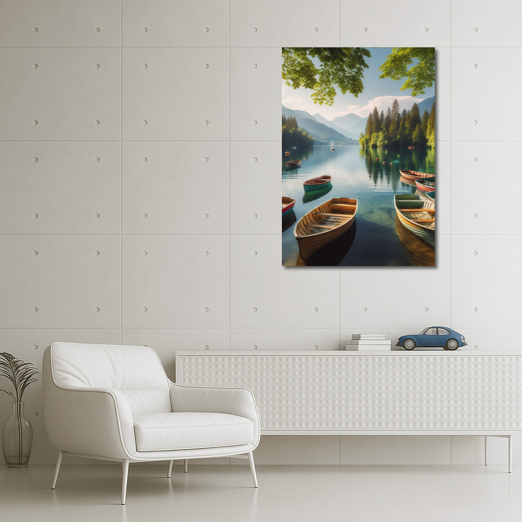 Fun Boats on Summer Lake with Mountains