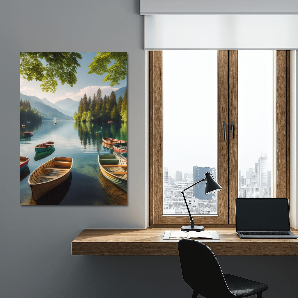 Fun Boats on Summer Lake with Mountains