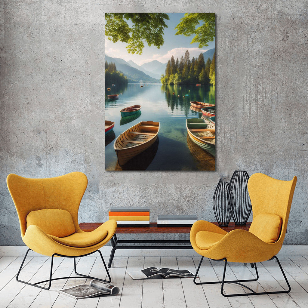 Fun Boats on Summer Lake with Mountains