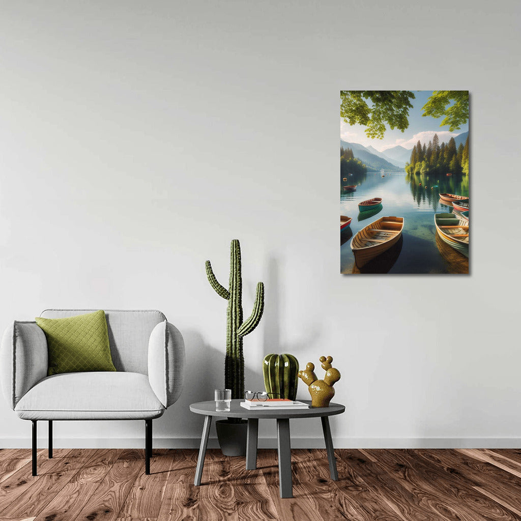 Fun Boats on Summer Lake with Mountains