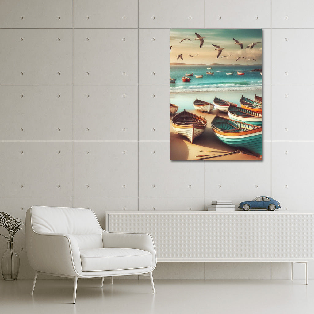 Morning Boats by the Sea: Seagulls and Waves