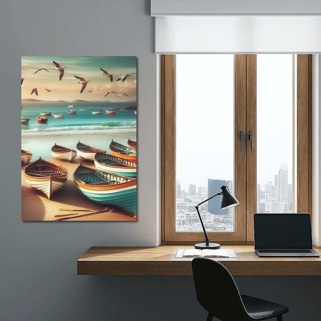 Morning Boats by the Sea: Seagulls and Waves