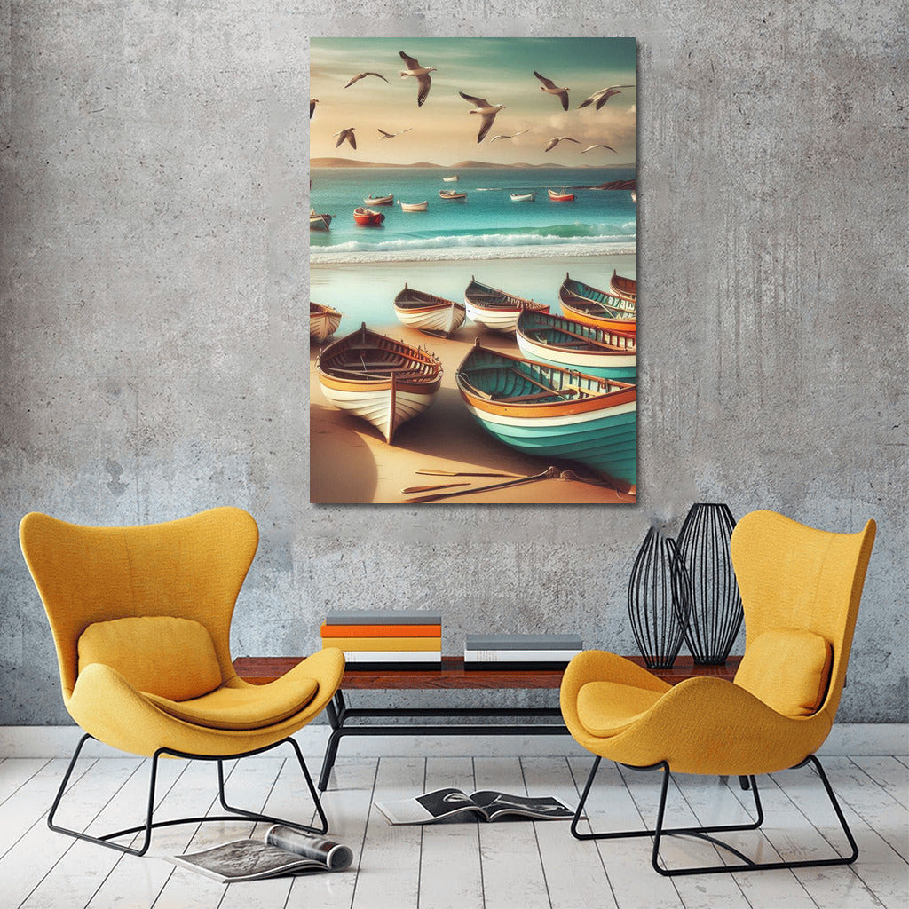 Morning Boats by the Sea: Seagulls and Waves