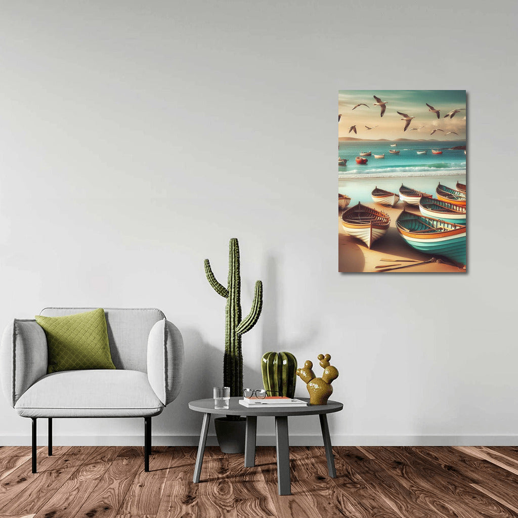 Morning Boats by the Sea: Seagulls and Waves