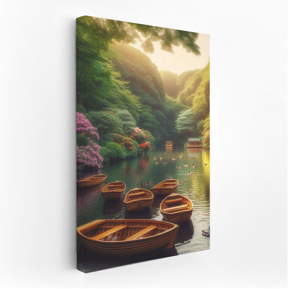 Harmony of rowing boats on the river: Picturesque landscape among greenery