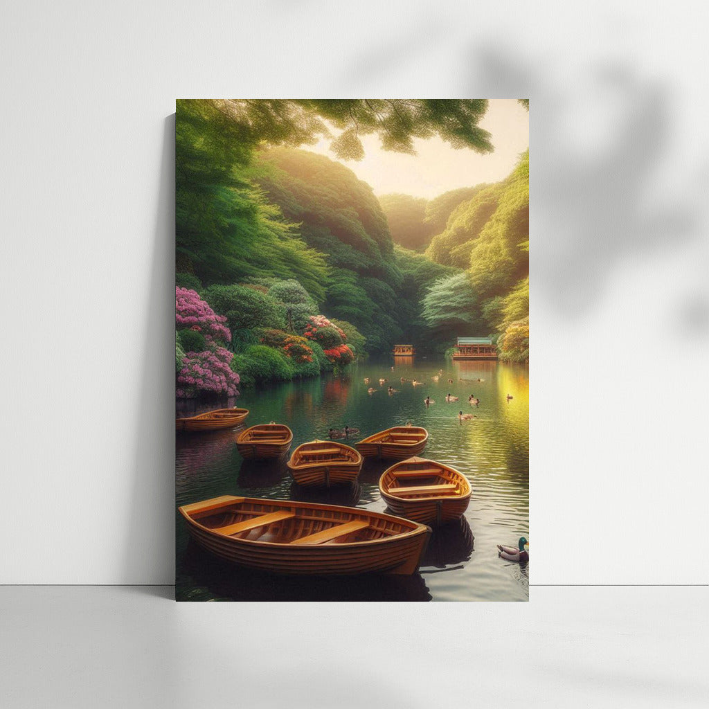 Harmony of rowing boats on the river: Picturesque landscape among greenery