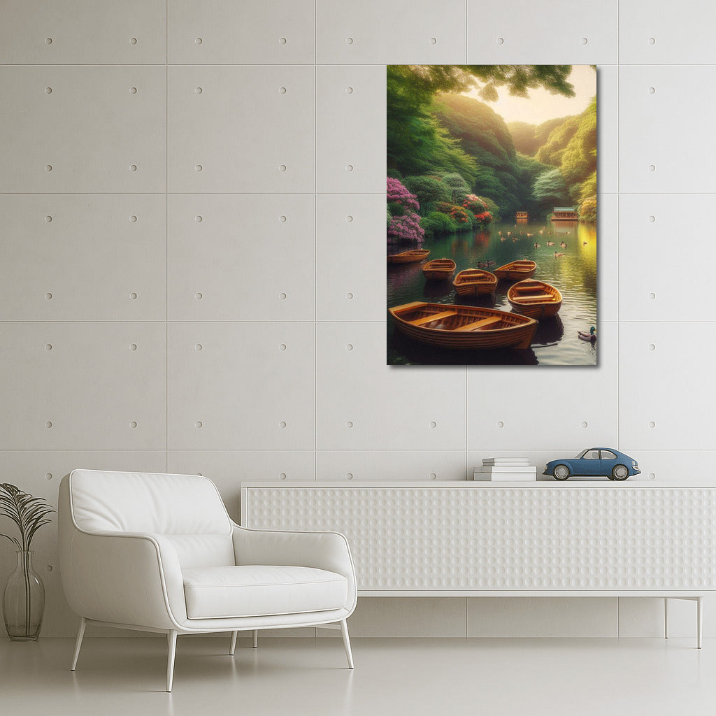 Harmony of rowing boats on the river: Picturesque landscape among greenery