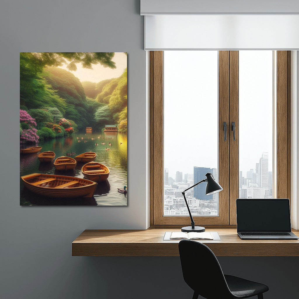 Harmony of rowing boats on the river: Picturesque landscape among greenery