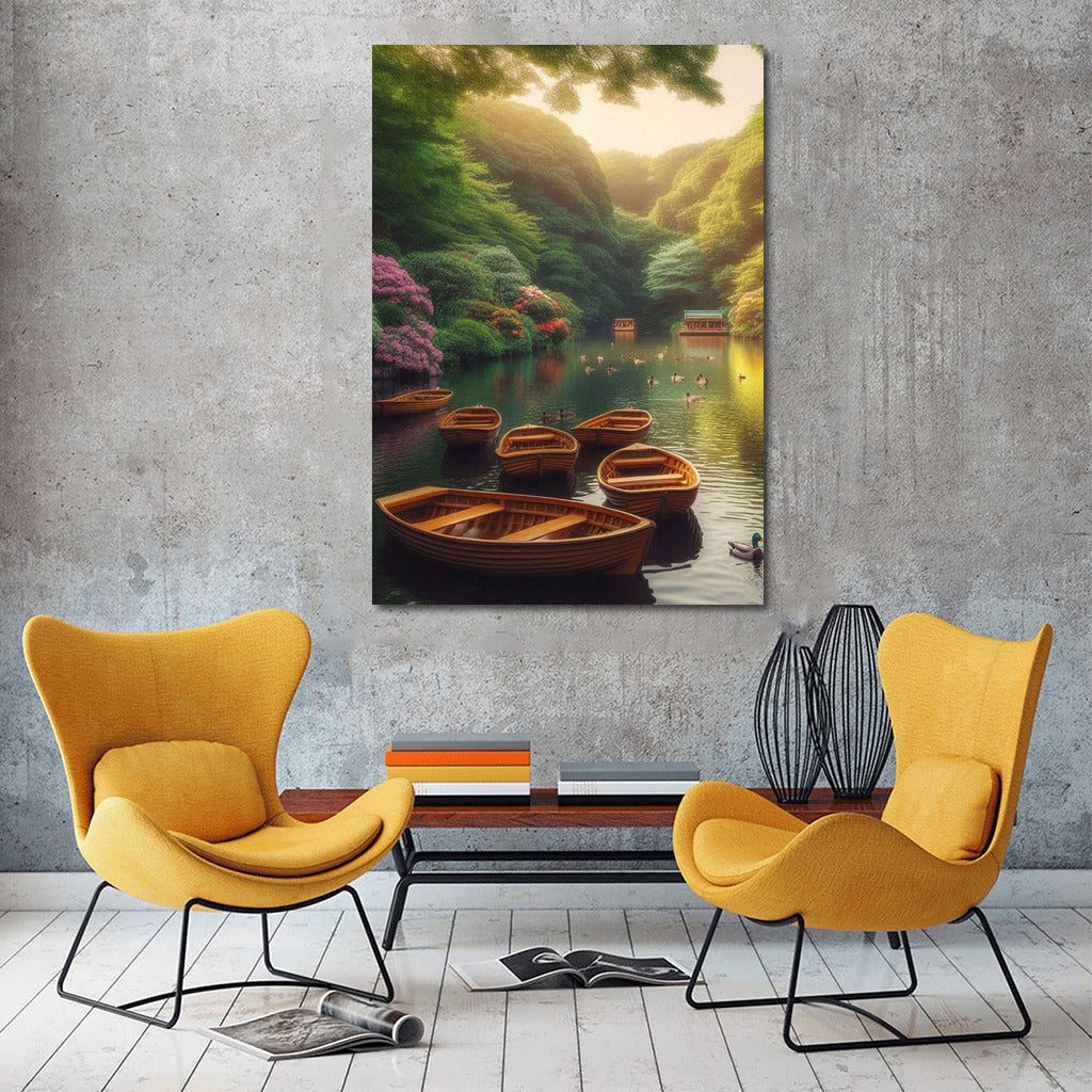 Harmony of rowing boats on the river: Picturesque landscape among greenery