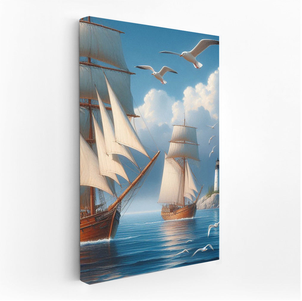 Schooners under sail: Sea breeze and seagulls over the waves