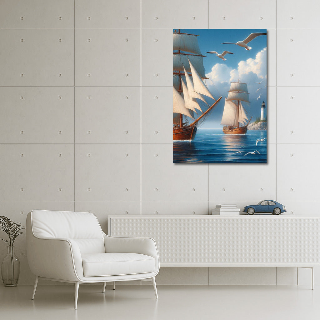 Schooners under sail: Sea breeze and seagulls over the waves