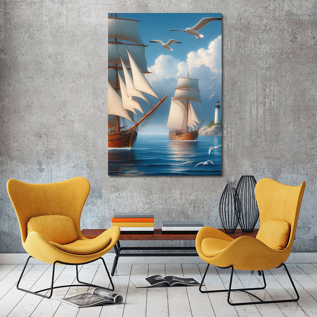 Schooners under sail: Sea breeze and seagulls over the waves