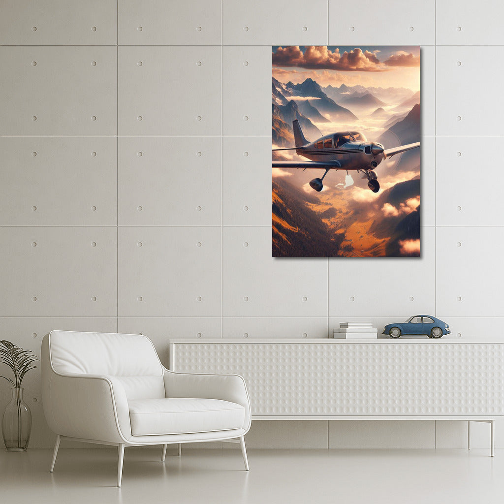 Single Engine Airplane Soaring Among Mountain Clouds