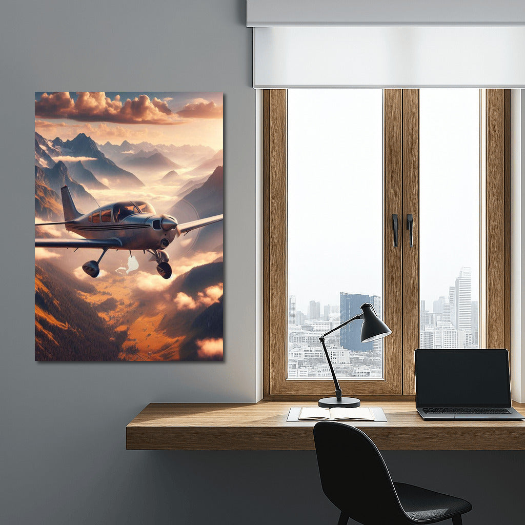 Single Engine Airplane Soaring Among Mountain Clouds