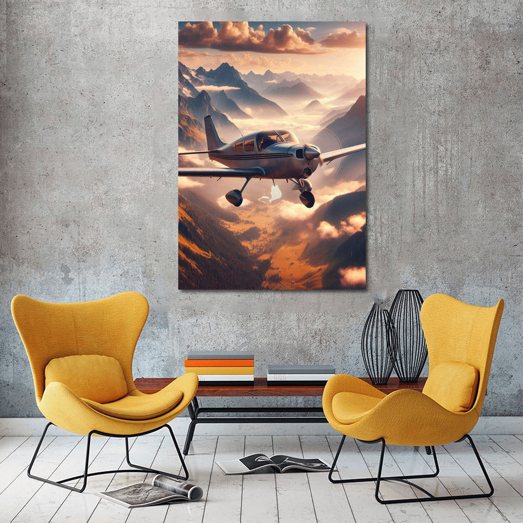 Single Engine Airplane Soaring Among Mountain Clouds