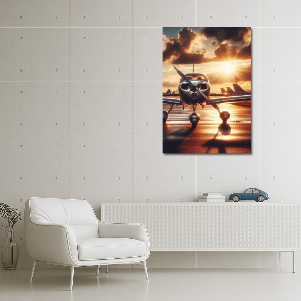 Sunset Flight: Single Engine Airplane on Runway