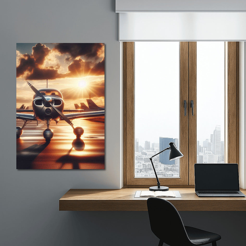 Sunset Flight: Single Engine Airplane on Runway