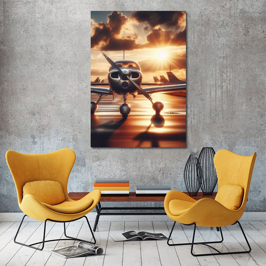 Sunset Flight: Single Engine Airplane on Runway