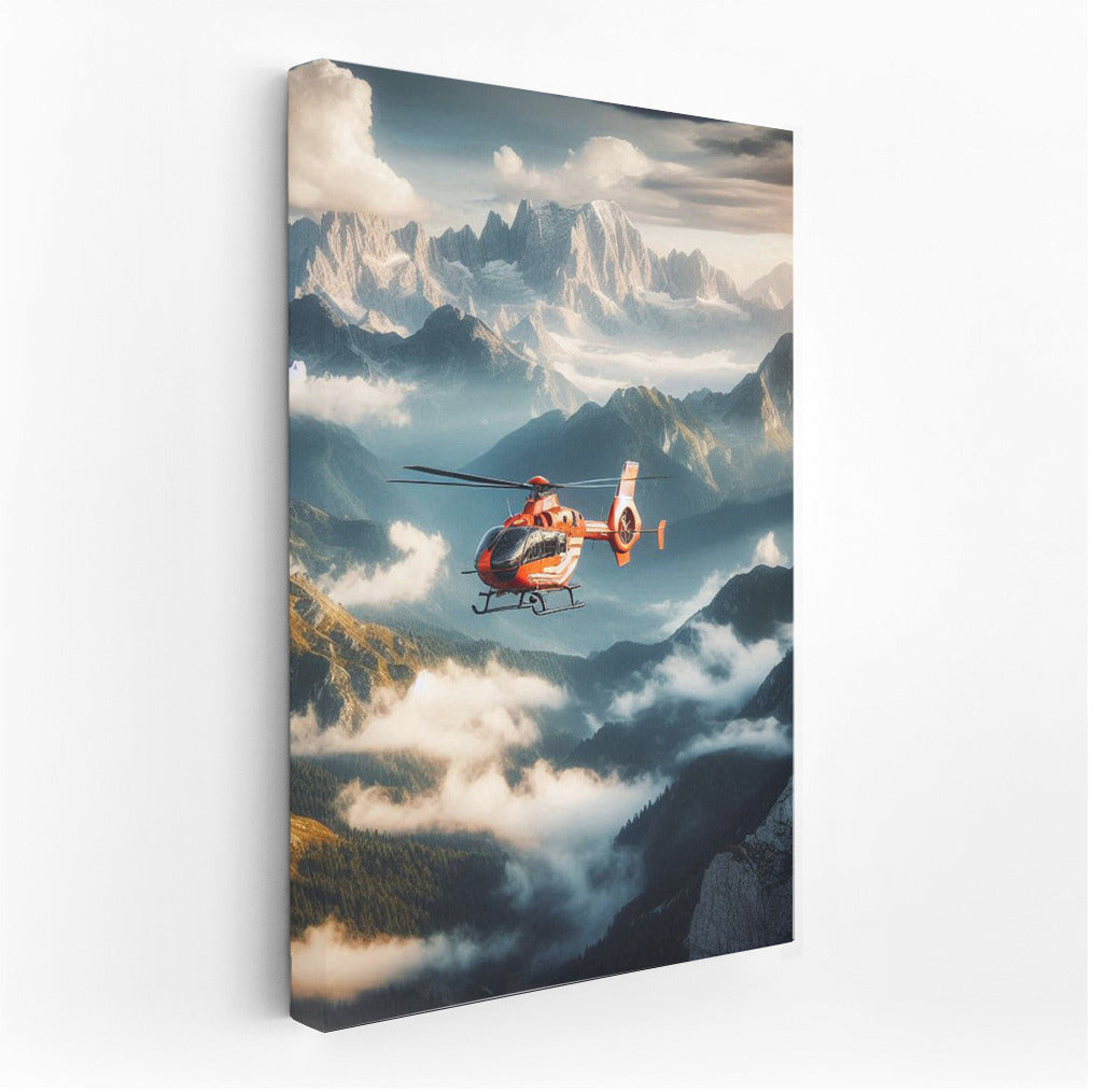 Rescuers in the Sky: Helicopter Over Mountain Landscape