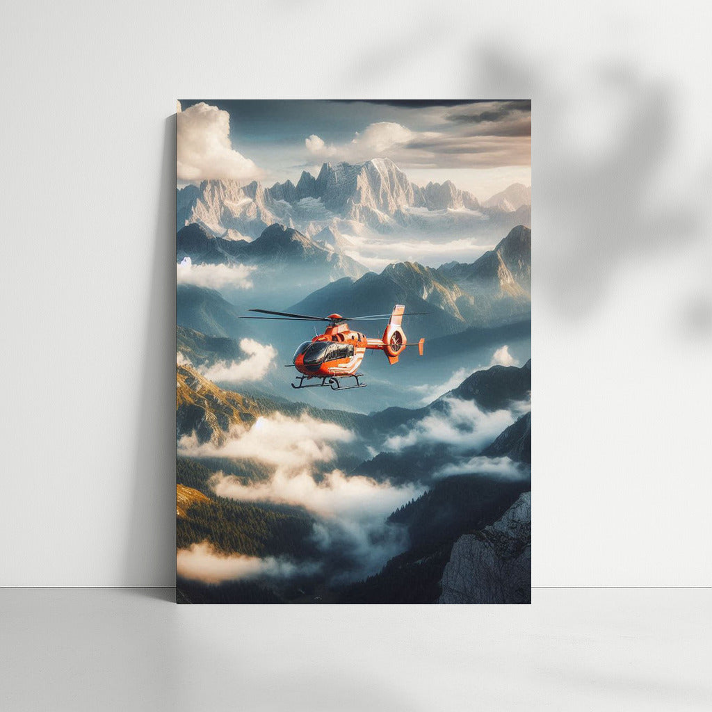 Rescuers in the Sky: Helicopter Over Mountain Landscape