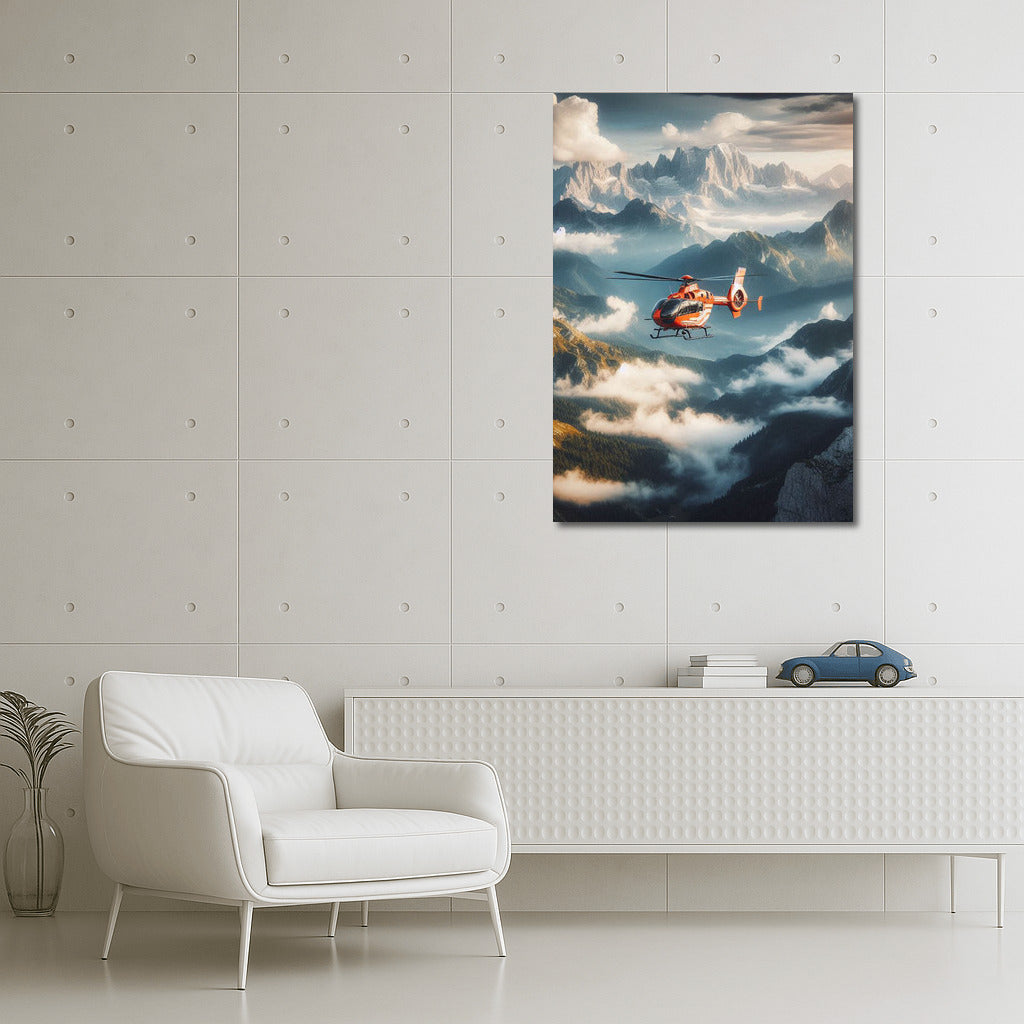 Rescuers in the Sky: Helicopter Over Mountain Landscape