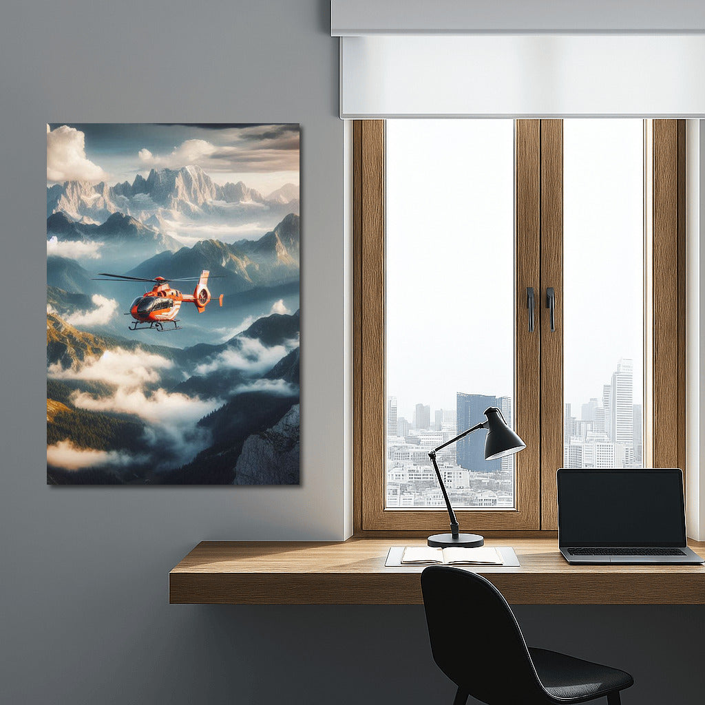 Rescuers in the Sky: Helicopter Over Mountain Landscape