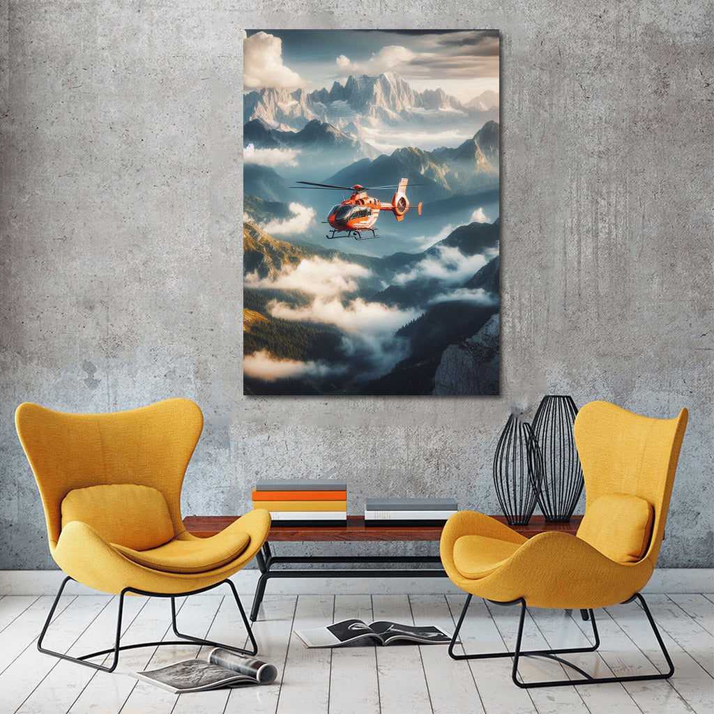 Rescuers in the Sky: Helicopter Over Mountain Landscape