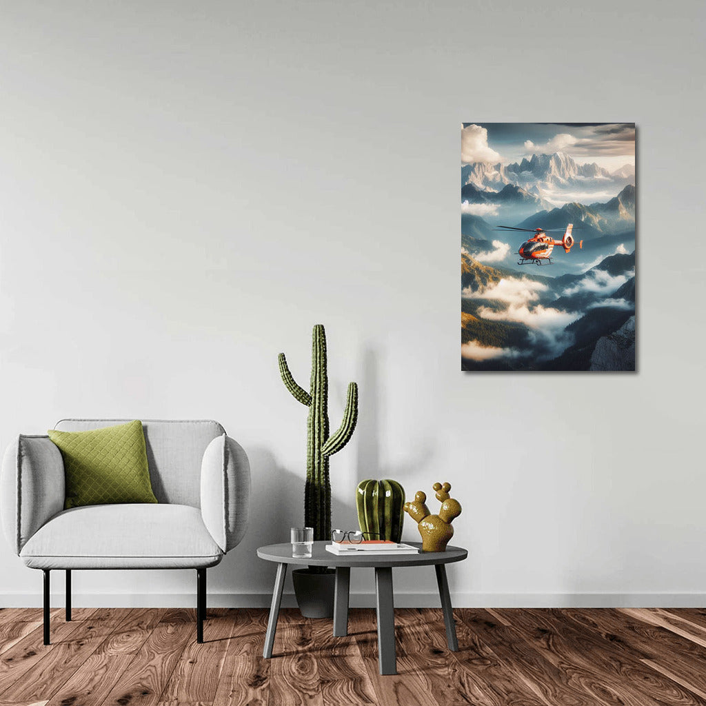 Rescuers in the Sky: Helicopter Over Mountain Landscape