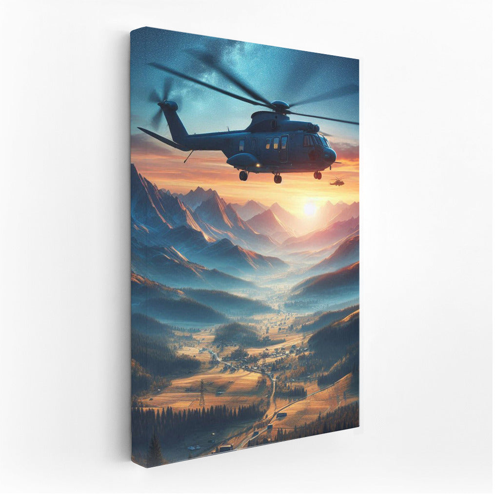 Sunset Rescue: Helicopter Over Mountain Landscape